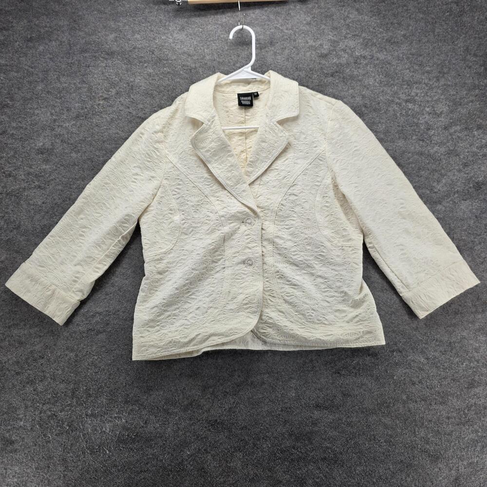Sharon Young Blazer Womens 10 Ivory Textured Jacquard 3/4 Sleeve Button Front